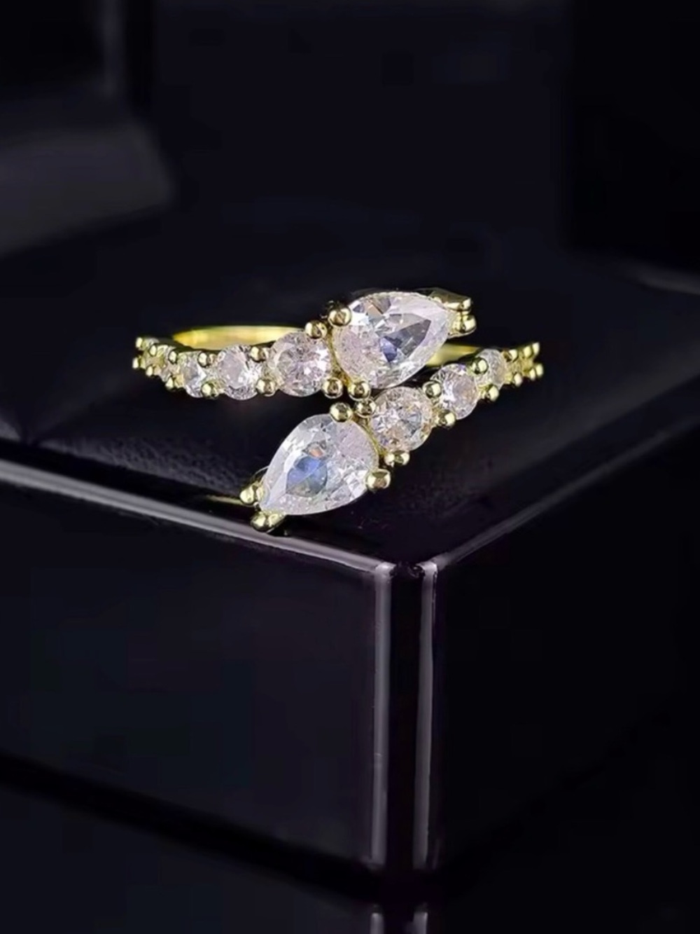 Elegant Adjustable Double Teardrop CZ Ring - Silver/Gold Finish - Picture 2 of 7